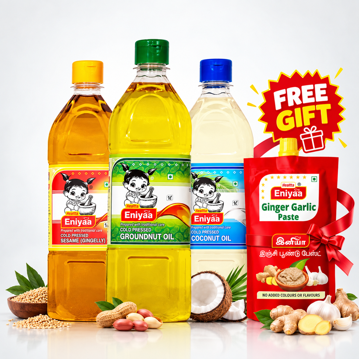 Monthly Oil Rotation | Groundnut Oil 1 Litre, Sesame Oil 1 Litre, Coconut Oil 1 Litre ( Ginger Garlic paste FREE)