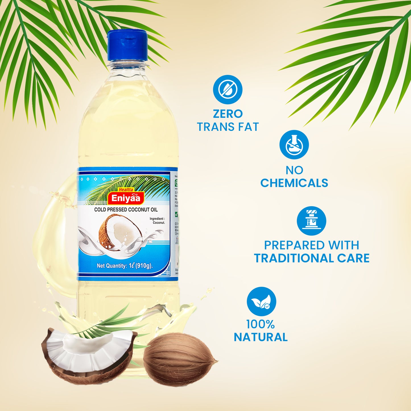 1 Litre Cold Pressed Coconut Oil for Cooking, Hair & Massage